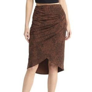 Brown Abstract Print Midi Skirt Ruched Tulip Hem Chic Casual Stylish Size Medium